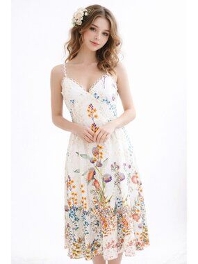 NWT Beulah Style White Floral Maxi Babydoll Strappy Dress Scalloped Womens L